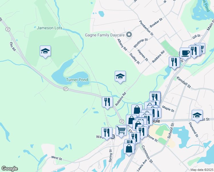 map of restaurants, bars, coffee shops, grocery stores, and more near 21 Mill Pond Road in Walpole