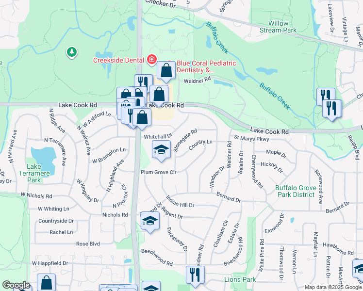 map of restaurants, bars, coffee shops, grocery stores, and more near 165 Stonegate Road in Buffalo Grove