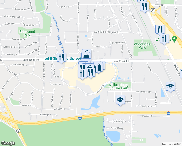 map of restaurants, bars, coffee shops, grocery stores, and more near 1455 Lake Cook Road in Northbrook