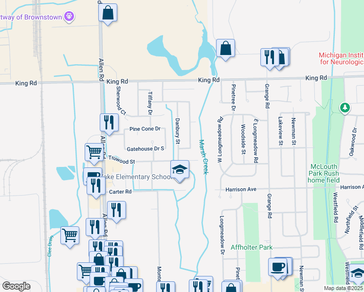 map of restaurants, bars, coffee shops, grocery stores, and more near 21475 Danbury Street in Trenton