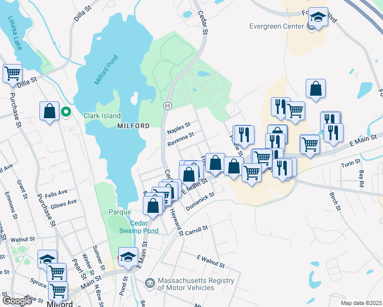 map of restaurants, bars, coffee shops, grocery stores, and more near 25 Short Street in Milford