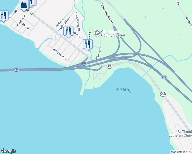 map of restaurants, bars, coffee shops, grocery stores, and more near 10 Popal Lane in Bemus Point