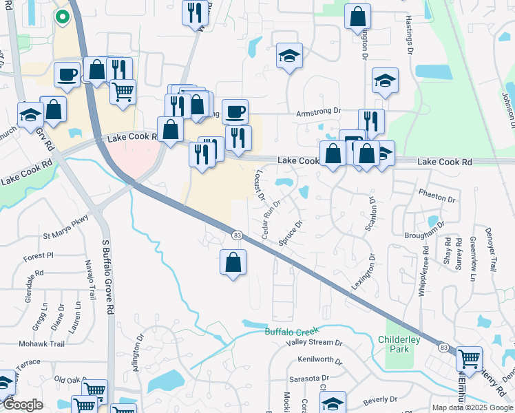 map of restaurants, bars, coffee shops, grocery stores, and more near 1318 Exeter Court in Wheeling