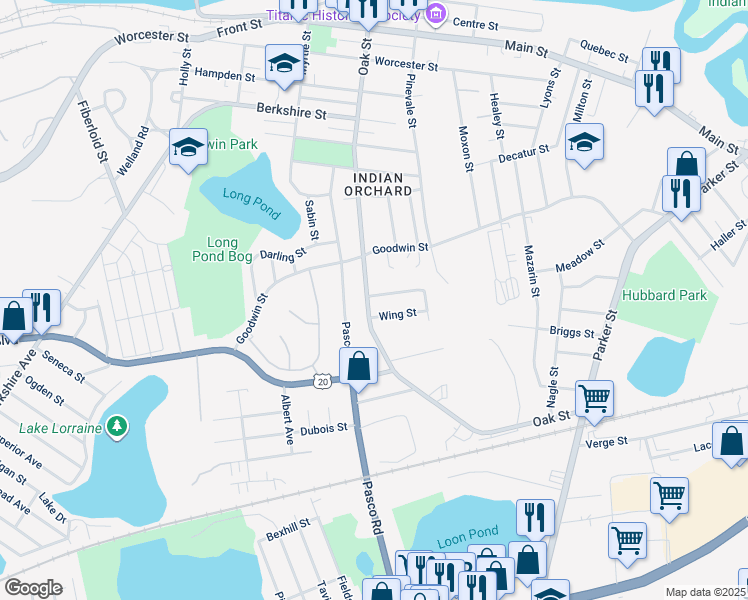 map of restaurants, bars, coffee shops, grocery stores, and more near 16 Ferris Street in Springfield