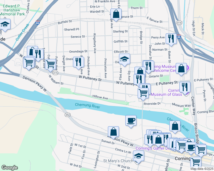 map of restaurants, bars, coffee shops, grocery stores, and more near 121 West Pulteney Street in Corning