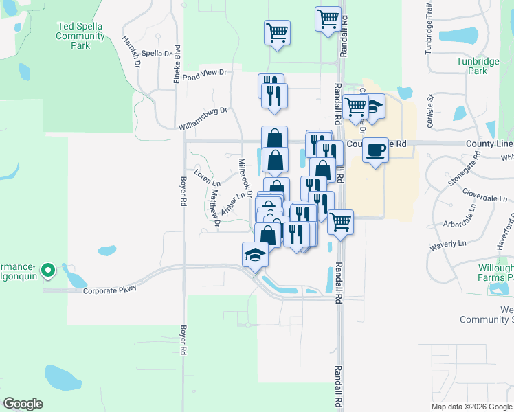 map of restaurants, bars, coffee shops, grocery stores, and more near 1571 Millbrook Drive in Algonquin
