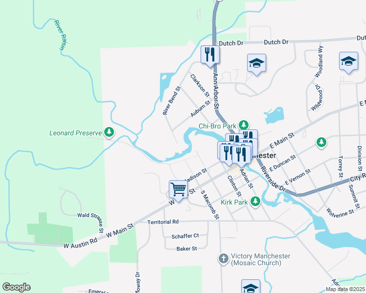 map of restaurants, bars, coffee shops, grocery stores, and more near 361 River Bend Street in Manchester