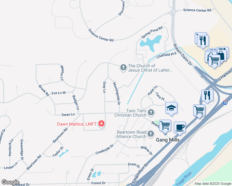 map of restaurants, bars, coffee shops, grocery stores, and more near 2 Manning Place in Painted Post