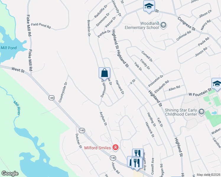 map of restaurants, bars, coffee shops, grocery stores, and more near 48 Purdue Drive in Milford