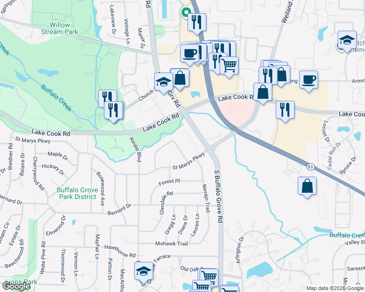map of restaurants, bars, coffee shops, grocery stores, and more near 70 North Buffalo Grove Road in Buffalo Grove