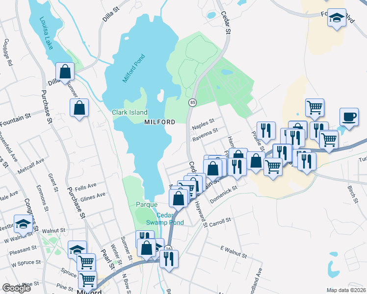 map of restaurants, bars, coffee shops, grocery stores, and more near 21 Cedarview Circle in Milford