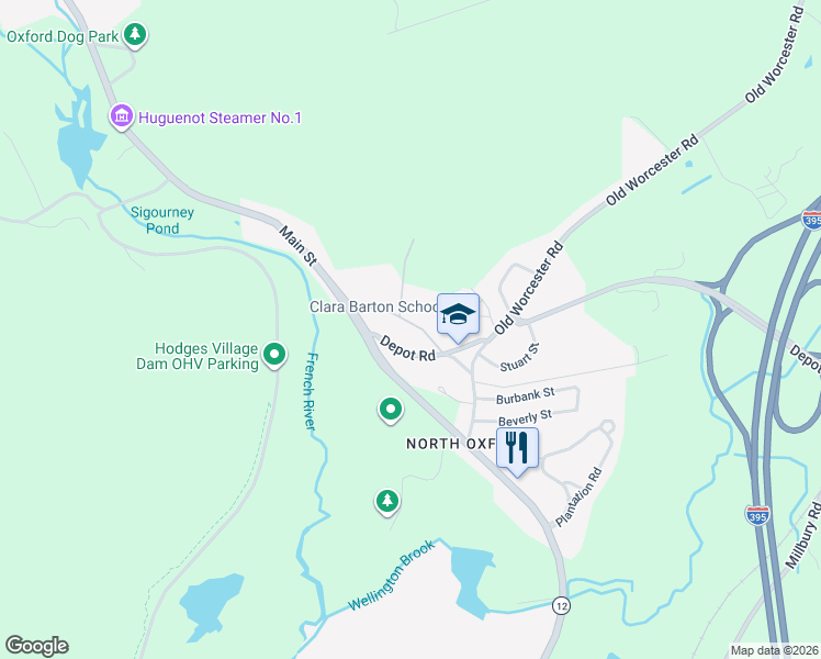 map of restaurants, bars, coffee shops, grocery stores, and more near 12 Old Depot Road in Oxford