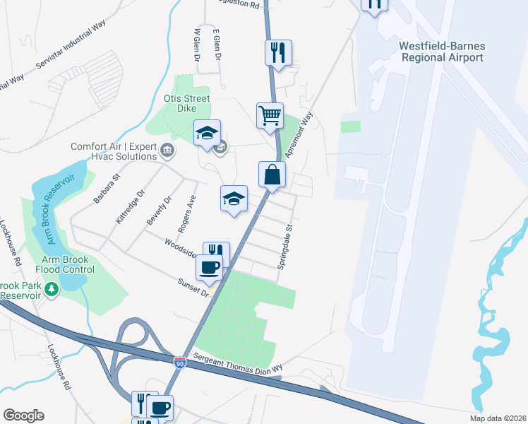 map of restaurants, bars, coffee shops, grocery stores, and more near 361 Southampton Road in Westfield