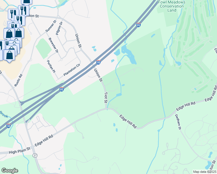 map of restaurants, bars, coffee shops, grocery stores, and more near 18 Tiot Street in Sharon