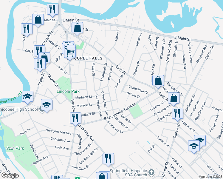 map of restaurants, bars, coffee shops, grocery stores, and more near 9 Morton Street in Chicopee