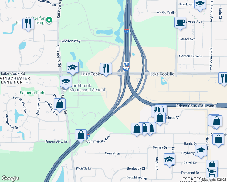 map of restaurants, bars, coffee shops, grocery stores, and more near 101 Pointe Drive in Northbrook