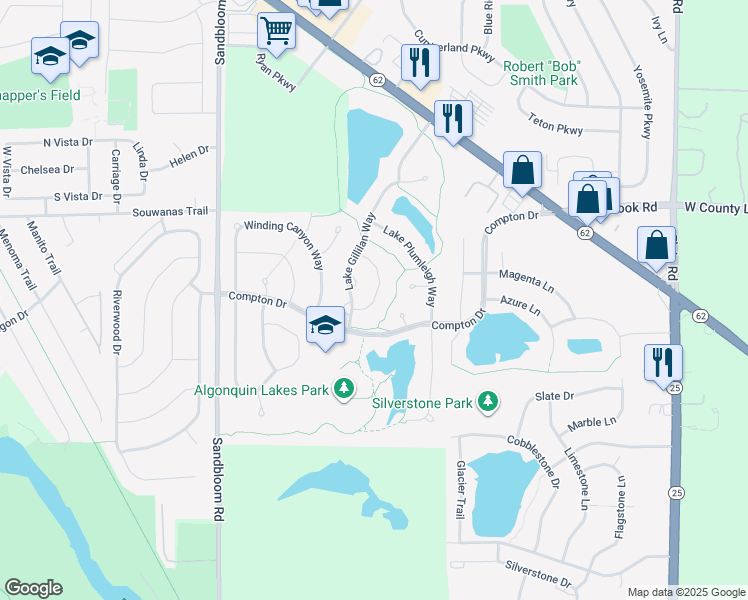 map of restaurants, bars, coffee shops, grocery stores, and more near 324 Emerald Lane in Algonquin