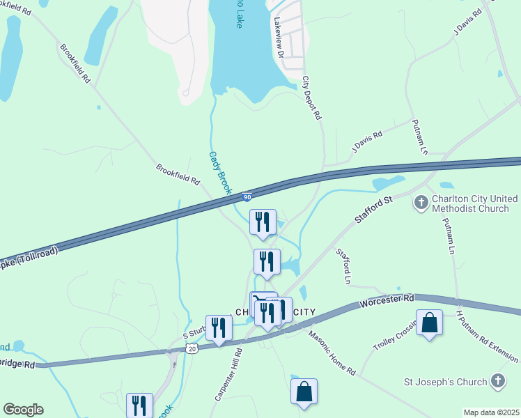 map of restaurants, bars, coffee shops, grocery stores, and more near 13 City Depot Road in Charlton
