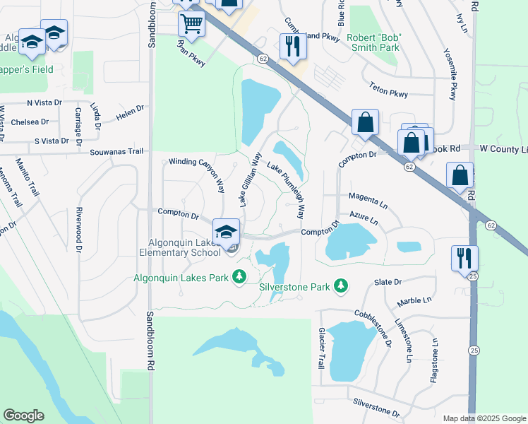 map of restaurants, bars, coffee shops, grocery stores, and more near 357 Emerald Lane in Algonquin