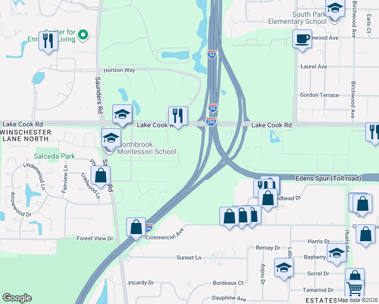 map of restaurants, bars, coffee shops, grocery stores, and more near 101 Pointe Drive in Northbrook