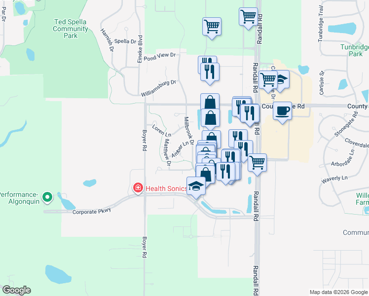 map of restaurants, bars, coffee shops, grocery stores, and more near 2603 Amber Lane in Algonquin