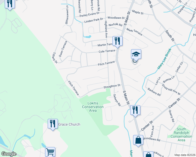 map of restaurants, bars, coffee shops, grocery stores, and more near 3 Virginia Circle in Randolph