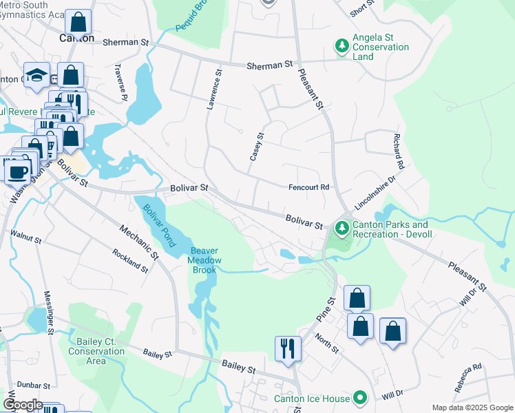 map of restaurants, bars, coffee shops, grocery stores, and more near 334 Bolivar Street in Canton