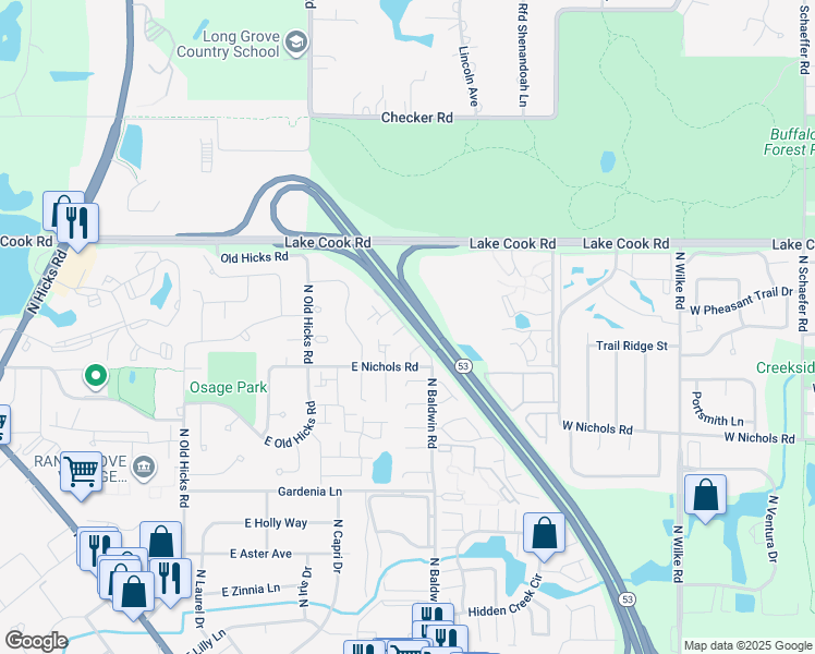 map of restaurants, bars, coffee shops, grocery stores, and more near 2246 North Baldwin Way in Palatine