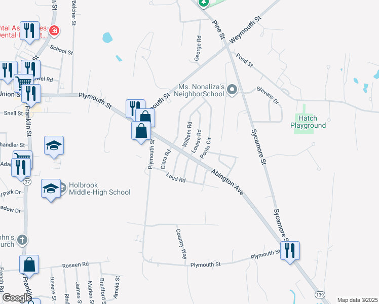 map of restaurants, bars, coffee shops, grocery stores, and more near 9 William Road in Holbrook