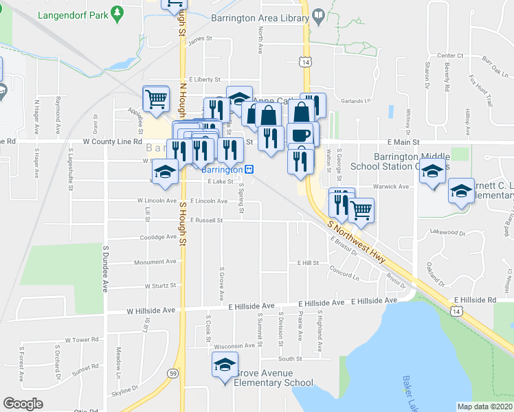 map of restaurants, bars, coffee shops, grocery stores, and more near 343 East Lincoln Avenue in Barrington