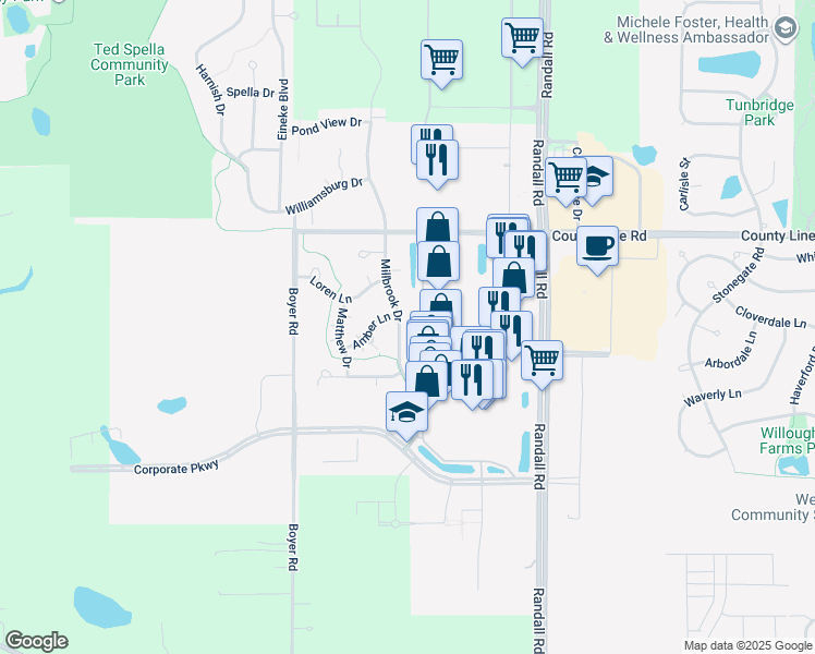 map of restaurants, bars, coffee shops, grocery stores, and more near 1571 Millbrook Drive in Algonquin