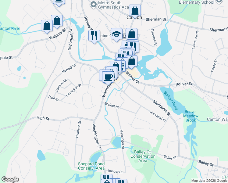 map of restaurants, bars, coffee shops, grocery stores, and more near 501 Washington Street in Canton