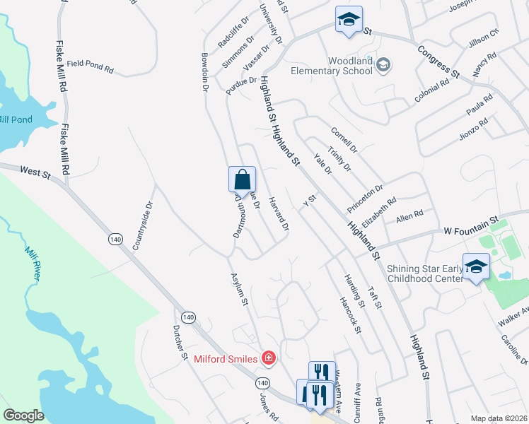 map of restaurants, bars, coffee shops, grocery stores, and more near 48 Purdue Drive in Milford