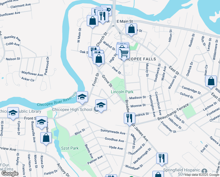 map of restaurants, bars, coffee shops, grocery stores, and more near 292 Grove Street in Chicopee