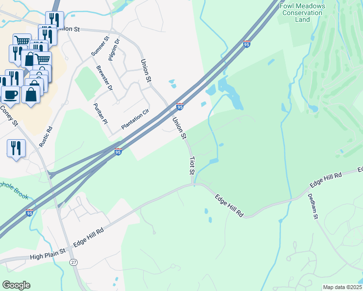 map of restaurants, bars, coffee shops, grocery stores, and more near 18 Tiot Street in Sharon