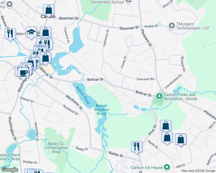 map of restaurants, bars, coffee shops, grocery stores, and more near 331 Bolivar Street in Canton