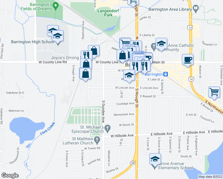 map of restaurants, bars, coffee shops, grocery stores, and more near 229 West Lincoln Avenue in Barrington