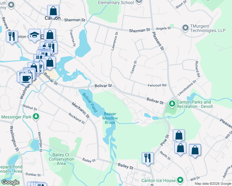 map of restaurants, bars, coffee shops, grocery stores, and more near 331 Bolivar Street in Canton