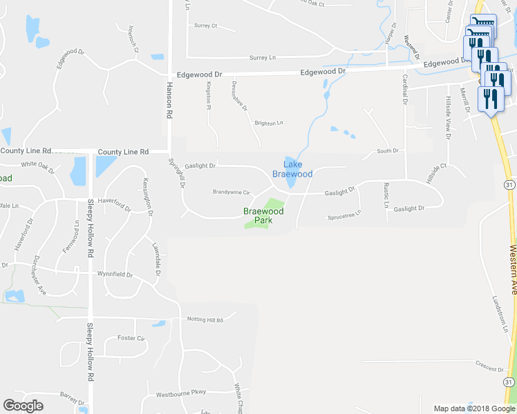 map of restaurants, bars, coffee shops, grocery stores, and more near 1125 Springhill Drive in Algonquin