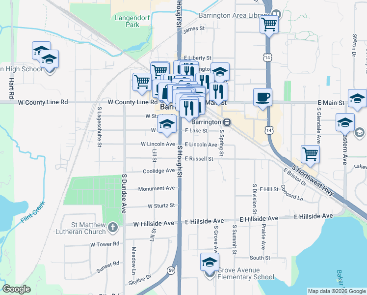 map of restaurants, bars, coffee shops, grocery stores, and more near 115 East Lincoln Avenue in Barrington
