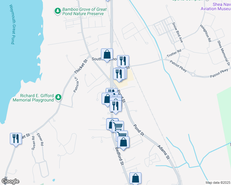map of restaurants, bars, coffee shops, grocery stores, and more near 1530 Main Street in Weymouth
