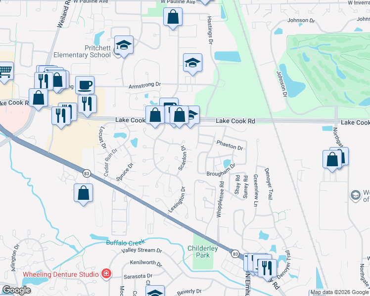 map of restaurants, bars, coffee shops, grocery stores, and more near 1022 Ferndale Court in Wheeling