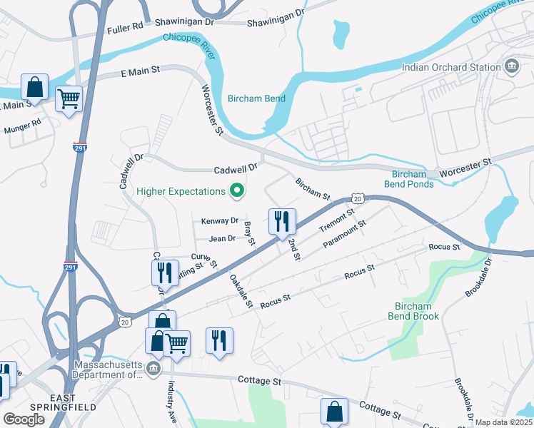 map of restaurants, bars, coffee shops, grocery stores, and more near 31 Bray Street in Springfield
