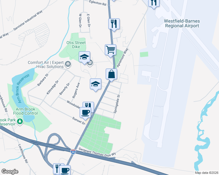 map of restaurants, bars, coffee shops, grocery stores, and more near 361 Southampton Road in Westfield