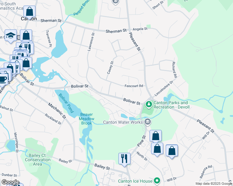 map of restaurants, bars, coffee shops, grocery stores, and more near 334 Bolivar Street in Canton