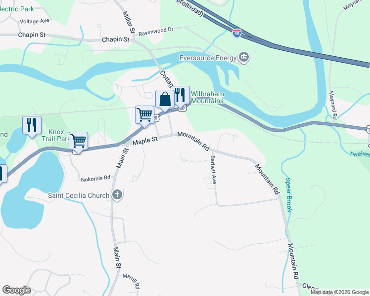 map of restaurants, bars, coffee shops, grocery stores, and more near 51 Mountain Road in Wilbraham
