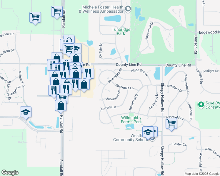 map of restaurants, bars, coffee shops, grocery stores, and more near 5 Driftwood Court in Algonquin