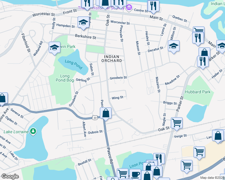 map of restaurants, bars, coffee shops, grocery stores, and more near 16 Ferris Street in Springfield