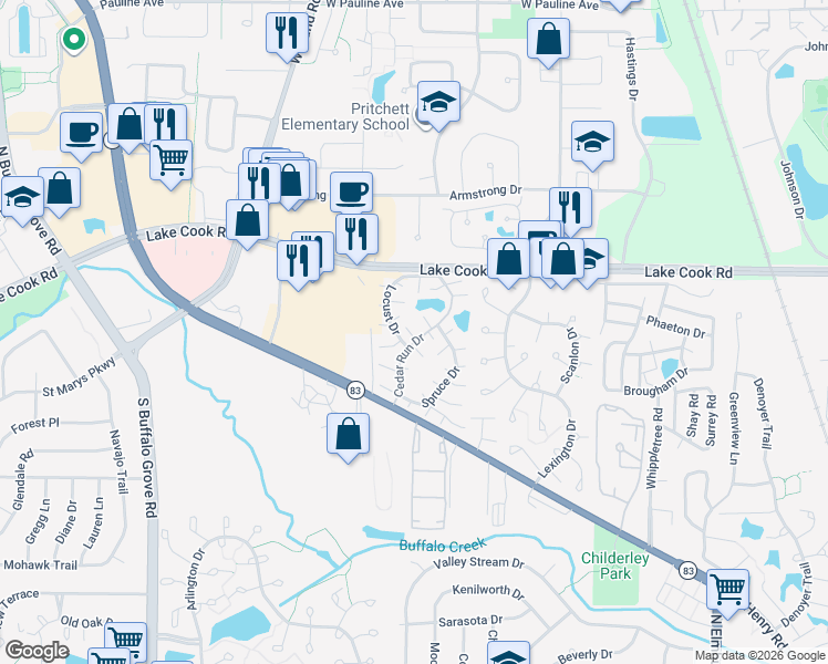 map of restaurants, bars, coffee shops, grocery stores, and more near 673 Cleo Court in Wheeling