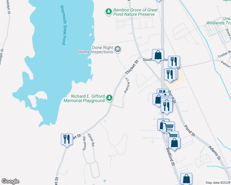 map of restaurants, bars, coffee shops, grocery stores, and more near 116 Thicket Street in Weymouth